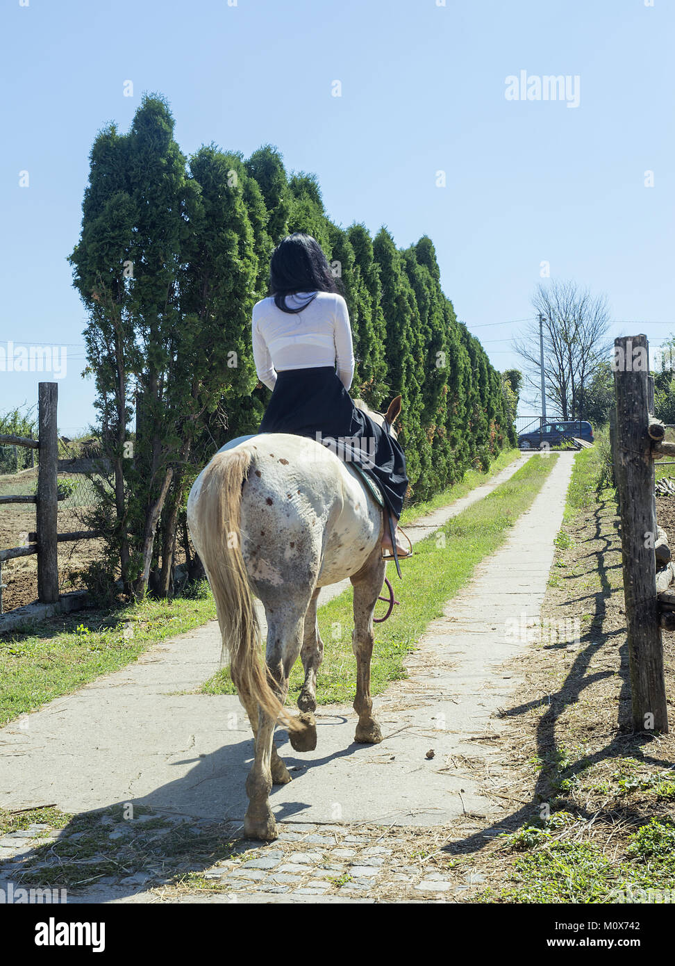 barefoot female in skirt riding a horse, photo from behind Stock Photo