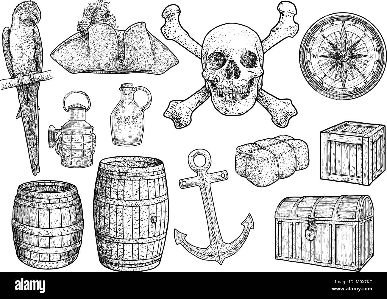 Piracy stuff illustration, drawing, engraving, ink, line art, vector Stock Vector