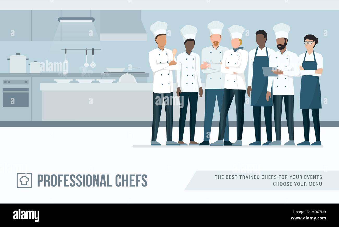 Professional chefs standing together in the restaurant's kitchen Stock Vector
