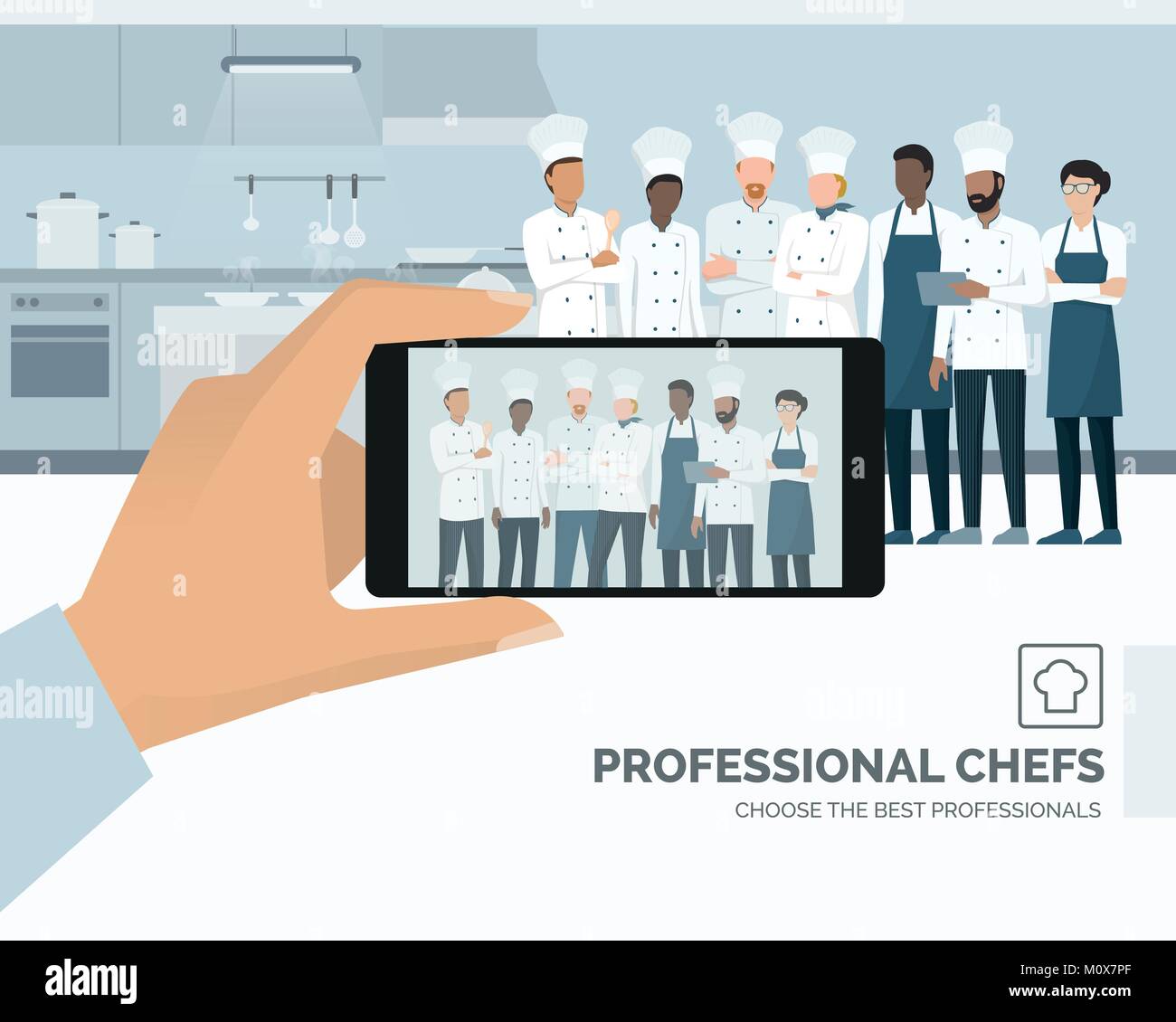 Professional chefs posing in the restaurant kitchen, a man is taking a picture using a smartphone, subjective point of view Stock Vector