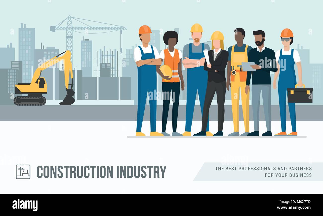 Construction workers and engineers posing together at the construction ...