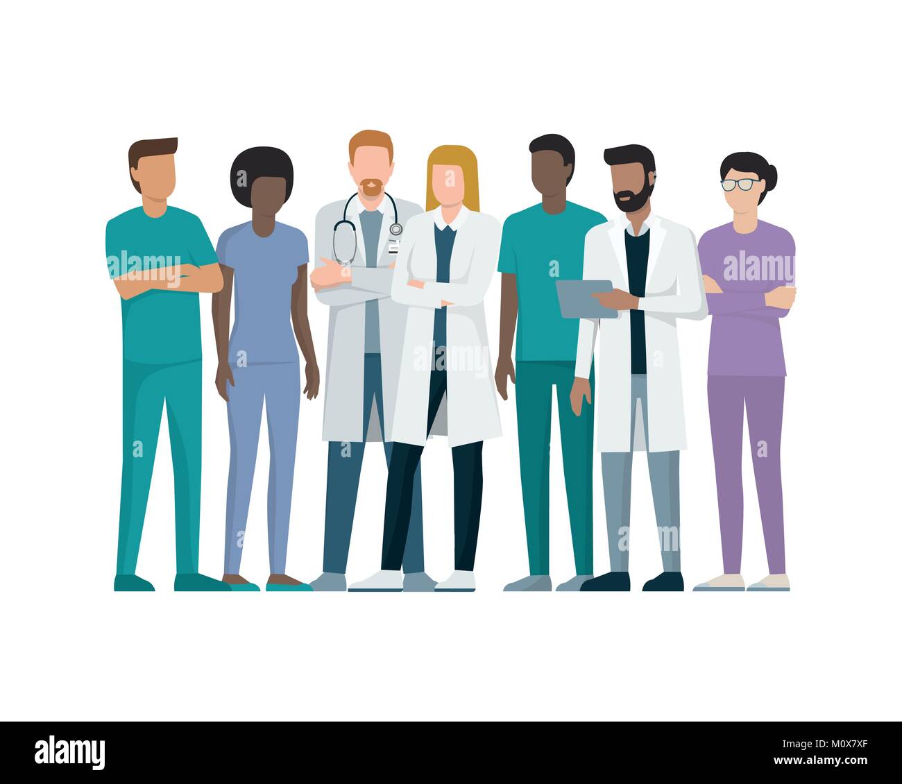 Multiethnic team of doctors and nurses standing together, healthcare and medicine concept Stock Vector