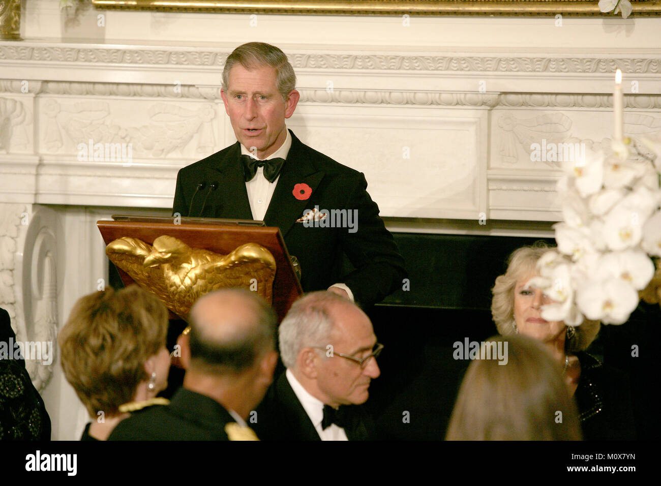 Washington, D.C. - November 2, 2005 -- Charles, Prince of Wales, of Great Britain makes a toast at the start of a Social Dinner in the State Dining Room of the White House in Washington, D.C. on November 2, 2005. The rare black tie dinner was held by President George W. Bush to honor Prince Charles and his wife, Camilla, Duchess of Cornwall, who are on an eight-day visit to the United States. .Credit: Jay L. Clendenin - Pool via CNP.(Restriction: No New York Metro or other Newspapers within a 75 mile radius of New York City)/ MediaPunch Stock Photo