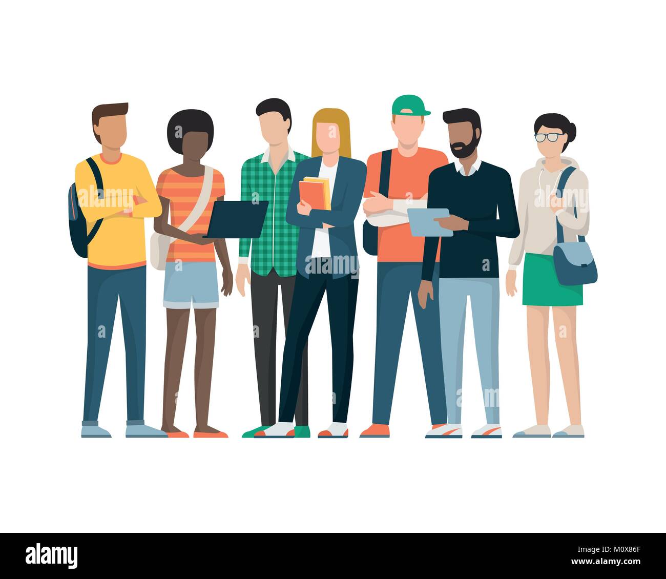 Multiethnic group of young students standing together, education and youth concept Stock Vector