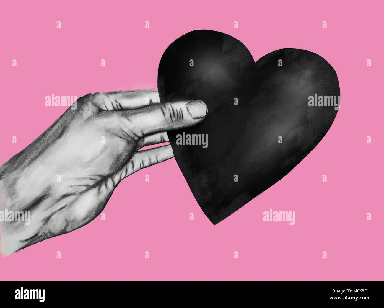 realistic hand drawn grey shades illustration of a hand holding a heart ...