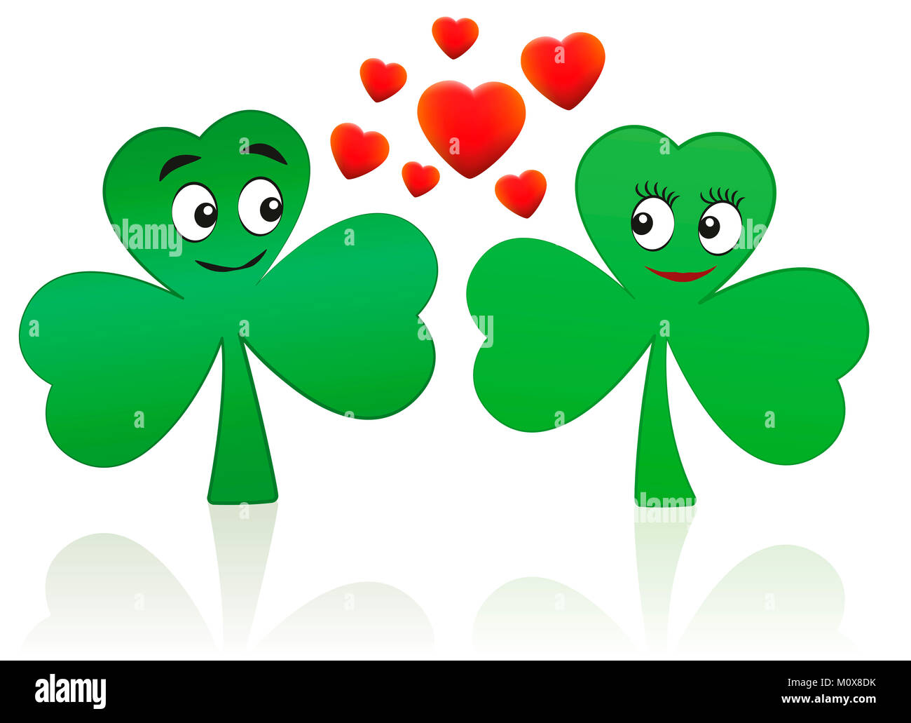 Shamrocks in love - two cute saint patricks day comic figures with romantic smiling faces. Stock Photo