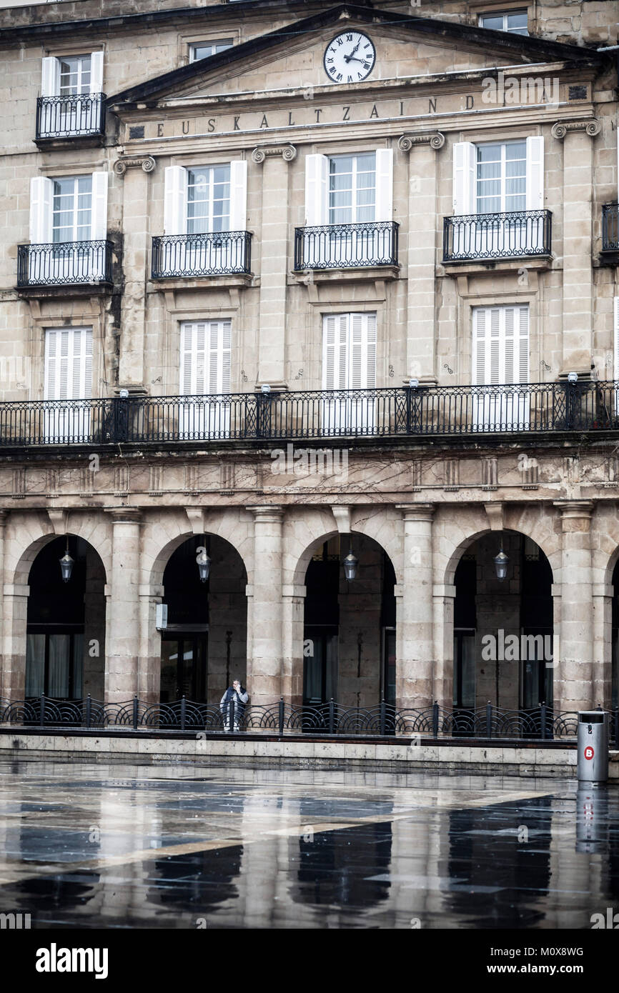 Facade building, Euskaltzaindia, Royal Academy of the Basque Language in New square, Plaza Nueva or Plaza Barria, monumental square, neoclassical styl Stock Photo