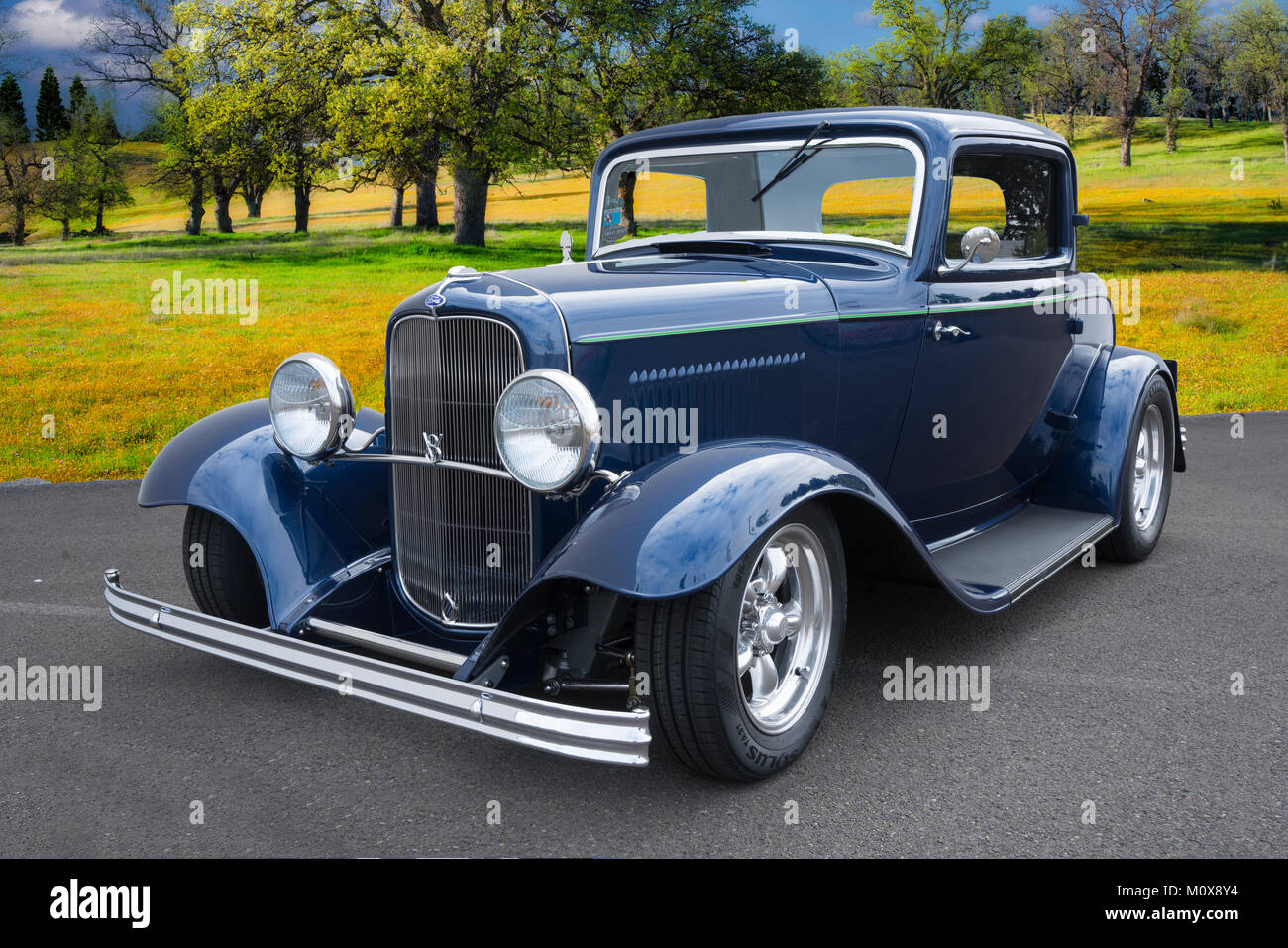 32 Ford restored. Taken in California flower field Stock Photo
