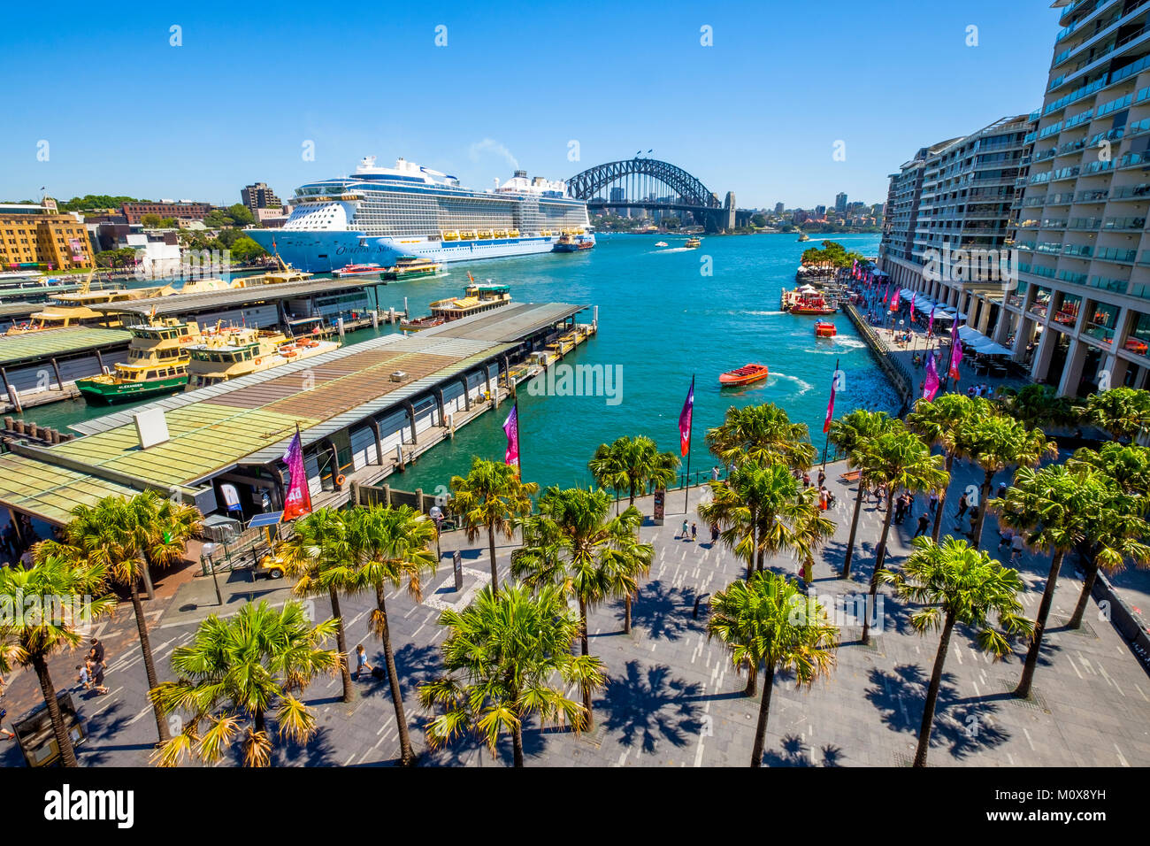 Royal Caribbean's Ovation of the Seas cruise ship moored at Overseas Passenger Terminal in Circular Quay, Sydney, Australia on a sunny day. Stock Photo