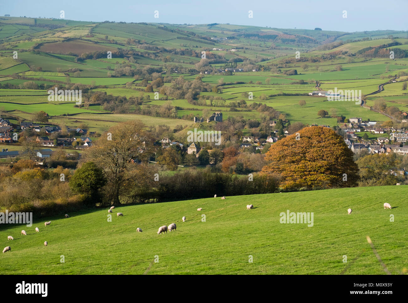 Clun, nestling in South Shropshire countryside in autumn, Shropshire, England, UK Stock Photo