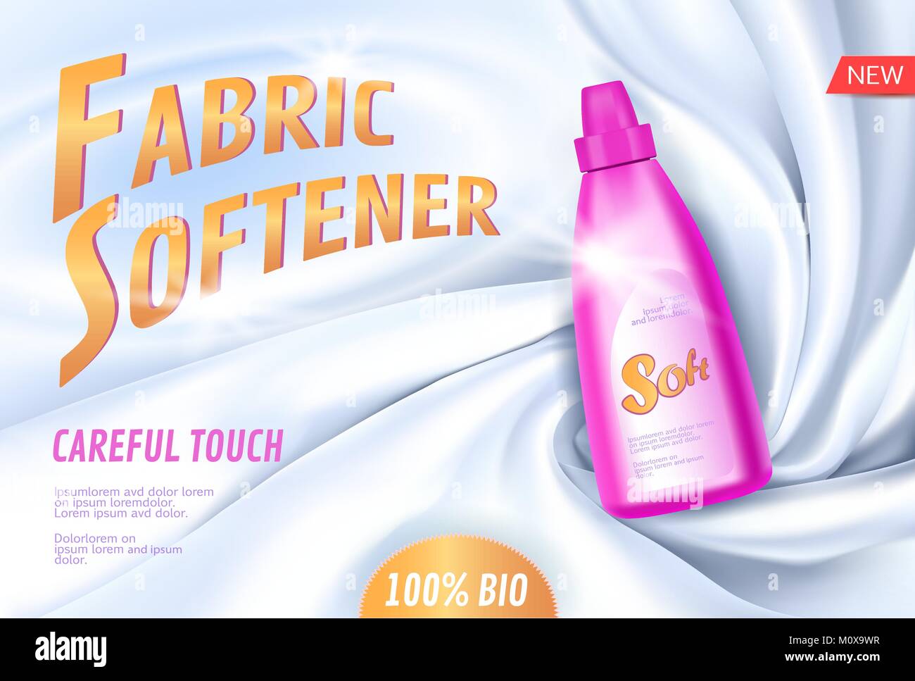 Realistic 3D fabric softener bleach package white silk textile. Product package mockup shiny cotton promotional ad poster template. Light background bright pink plastic bottle vector illustration Stock Vector