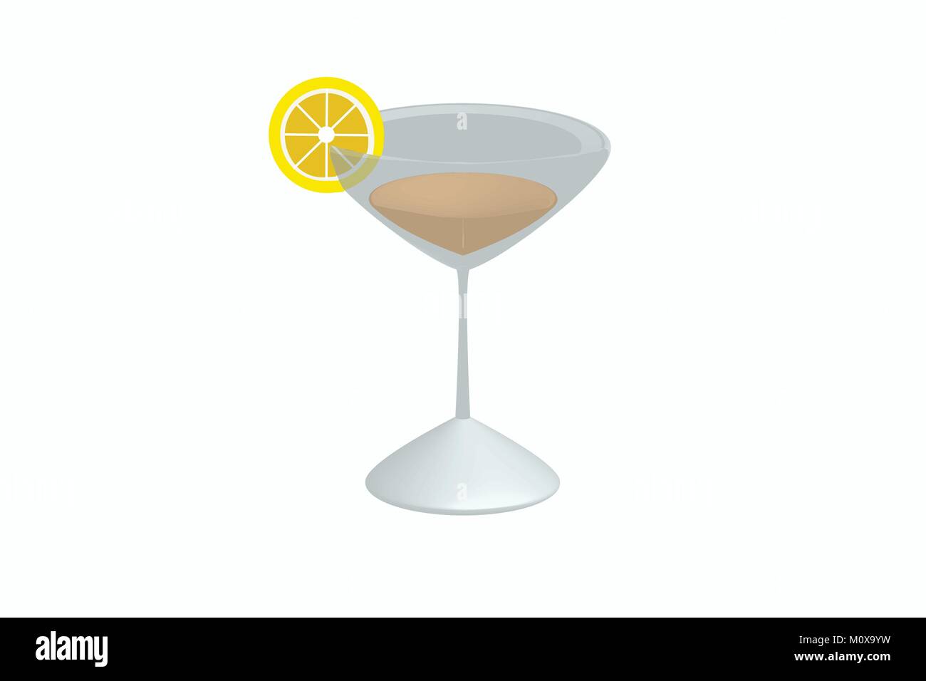 Illustration of cocktail with lemon slice on the glass in 3D, vector of alcoholic drink in a martini glass and a twist of lemon on it/ drink Stock Vector