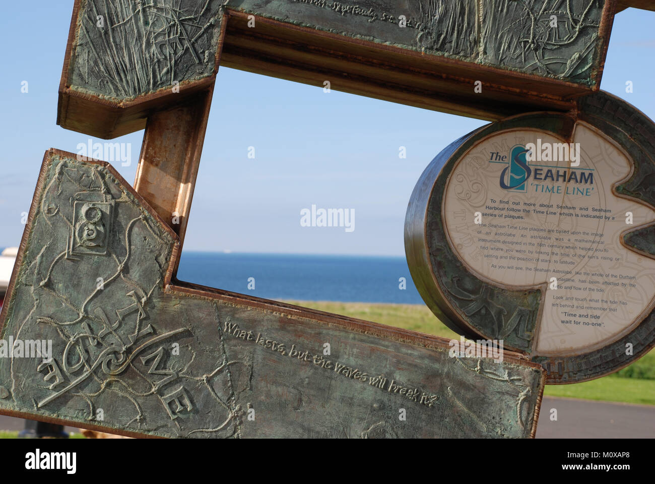 Time line sculpture atop the cliffs at Seaham in County Durham Stock Photo