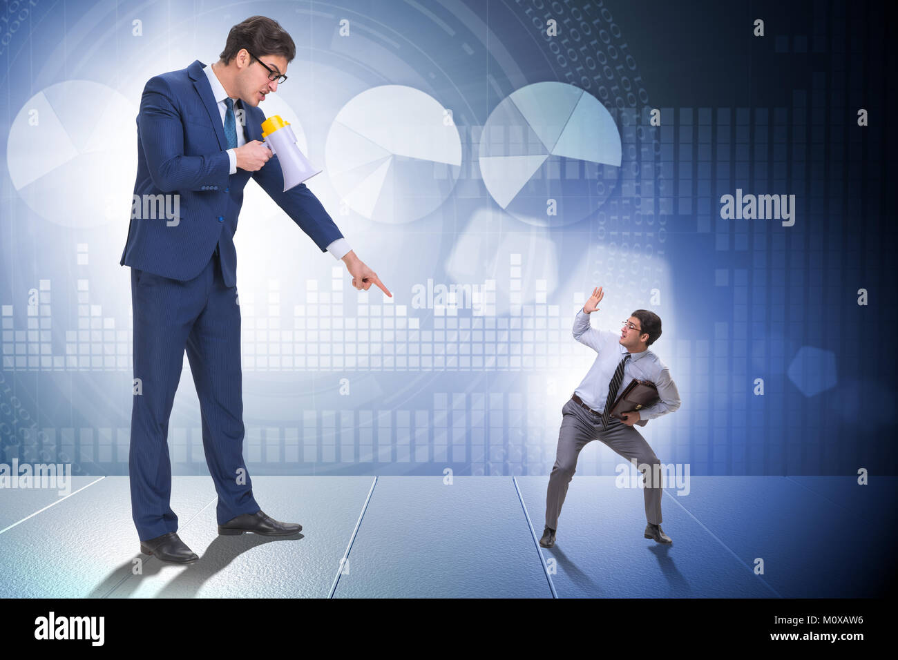 Bad angry boss shouting at employee with loudspeaker Stock Photo - Alamy