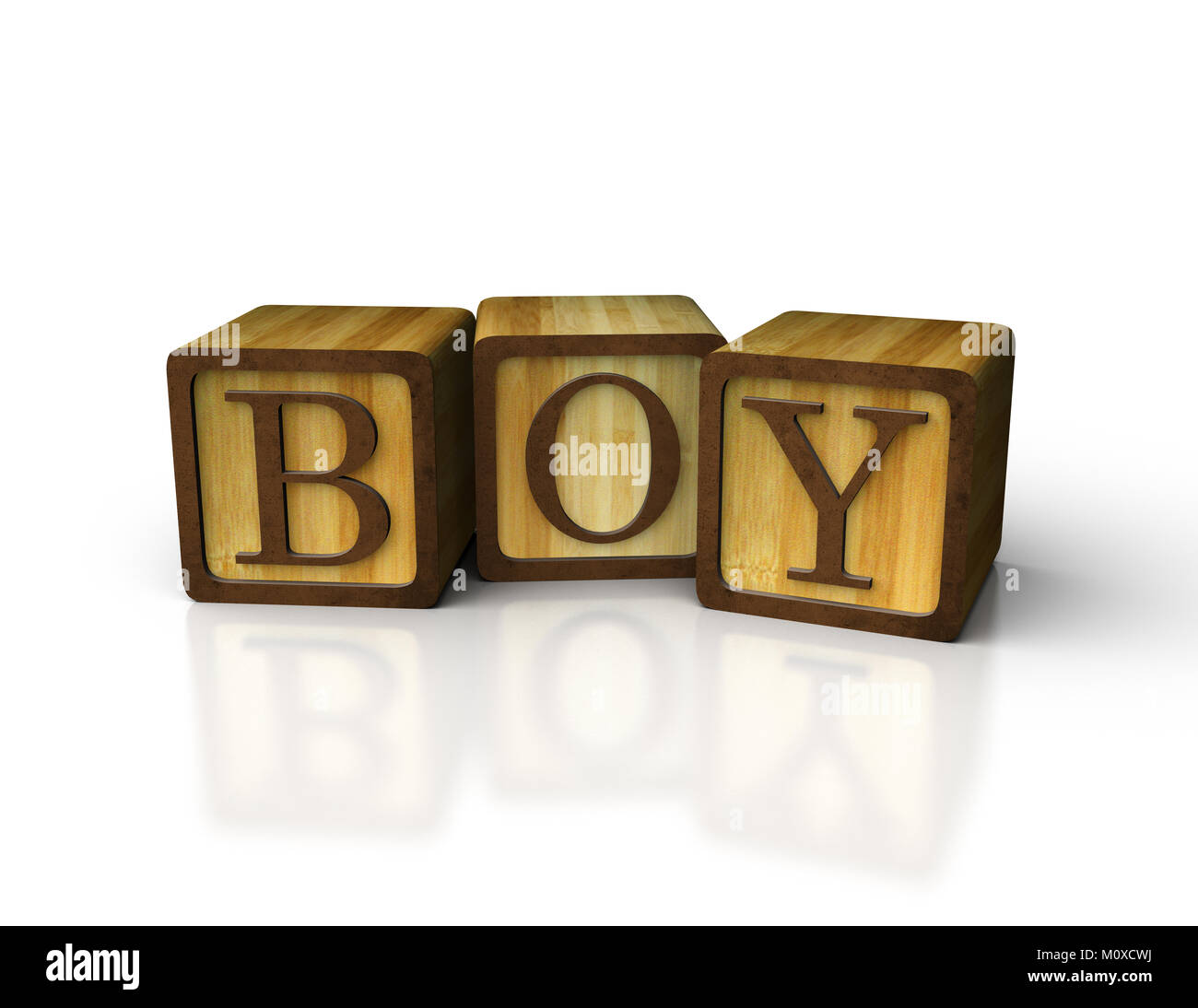 3d alphabet baby block made of wood on reflective white background