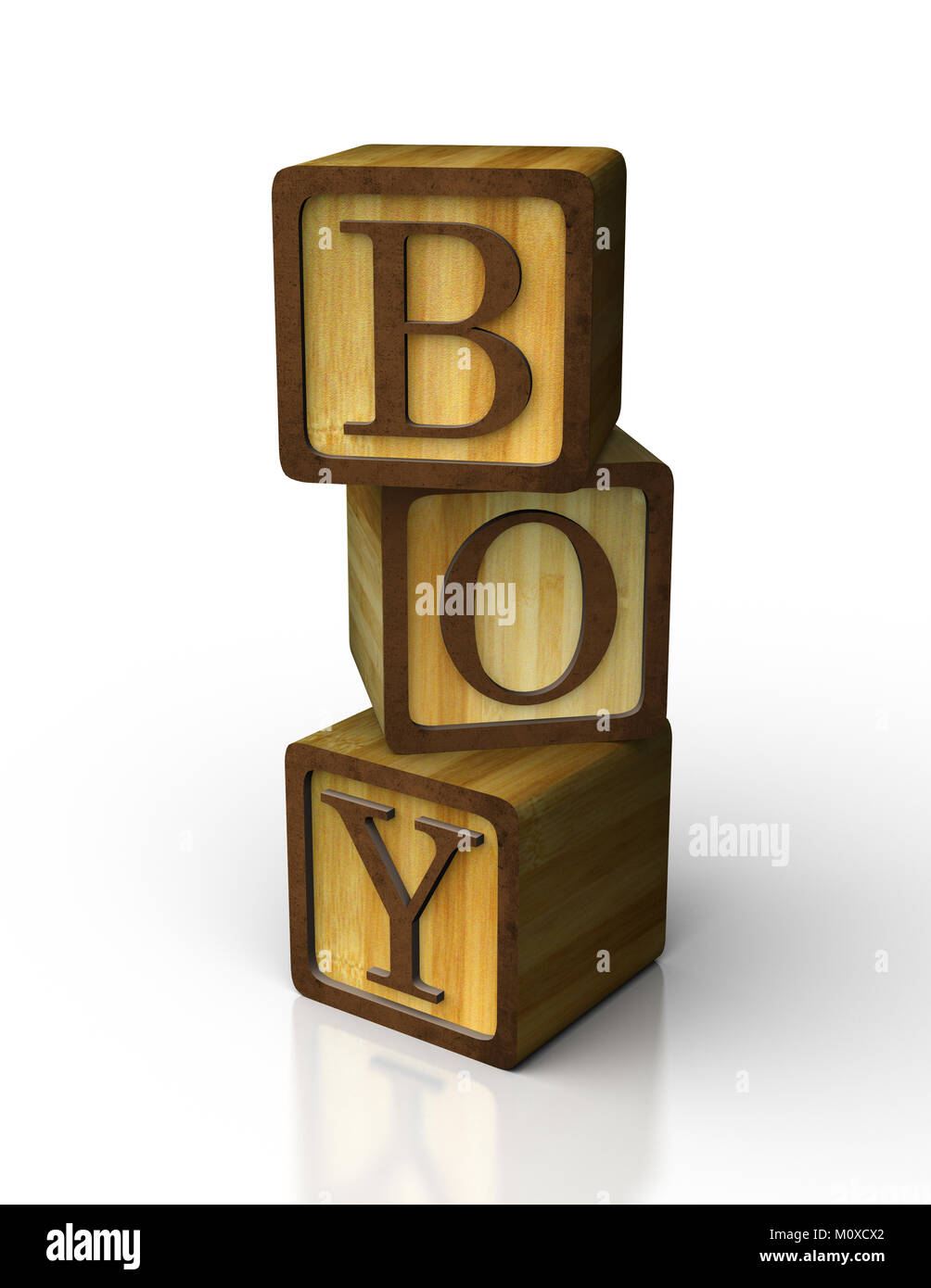 3d alphabet baby block made of wood on reflective white background