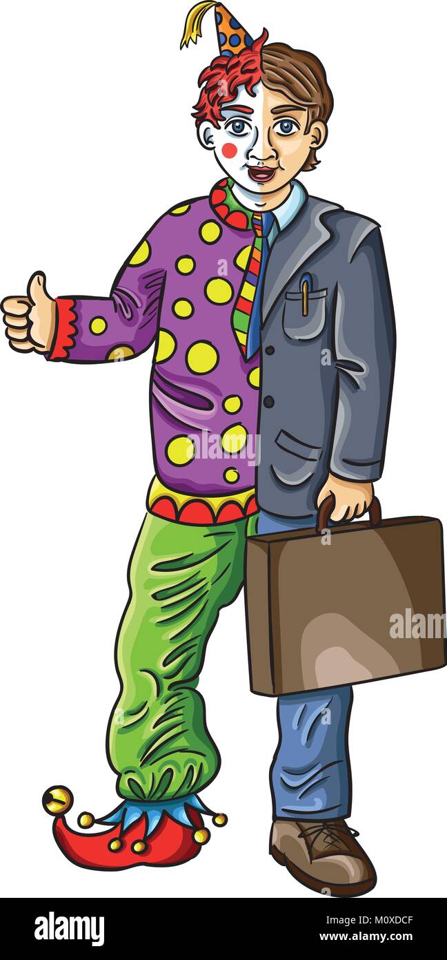 Vector illustration of man wearing a business suit and a clown costume in isolated white background. The character shows duality of professional dutie Stock Vector