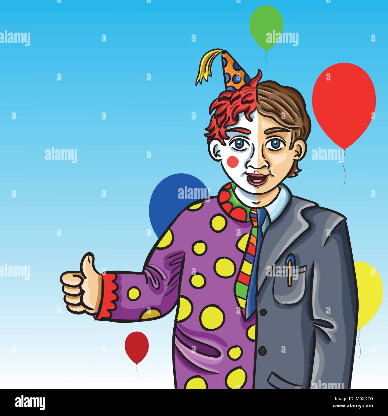 Vector illustration of man wearing a business suit and a clown costume. The character shows duality of professional duties and free time to party carn Stock Vector