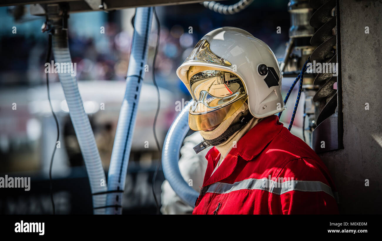 Pit Lane Fireman (Pompier) during the 2017 24 Hours Le Mans race at Circuit de la Sarthe on Saturday 17 June 2017. Photo: Ian Skelton Stock Photo
