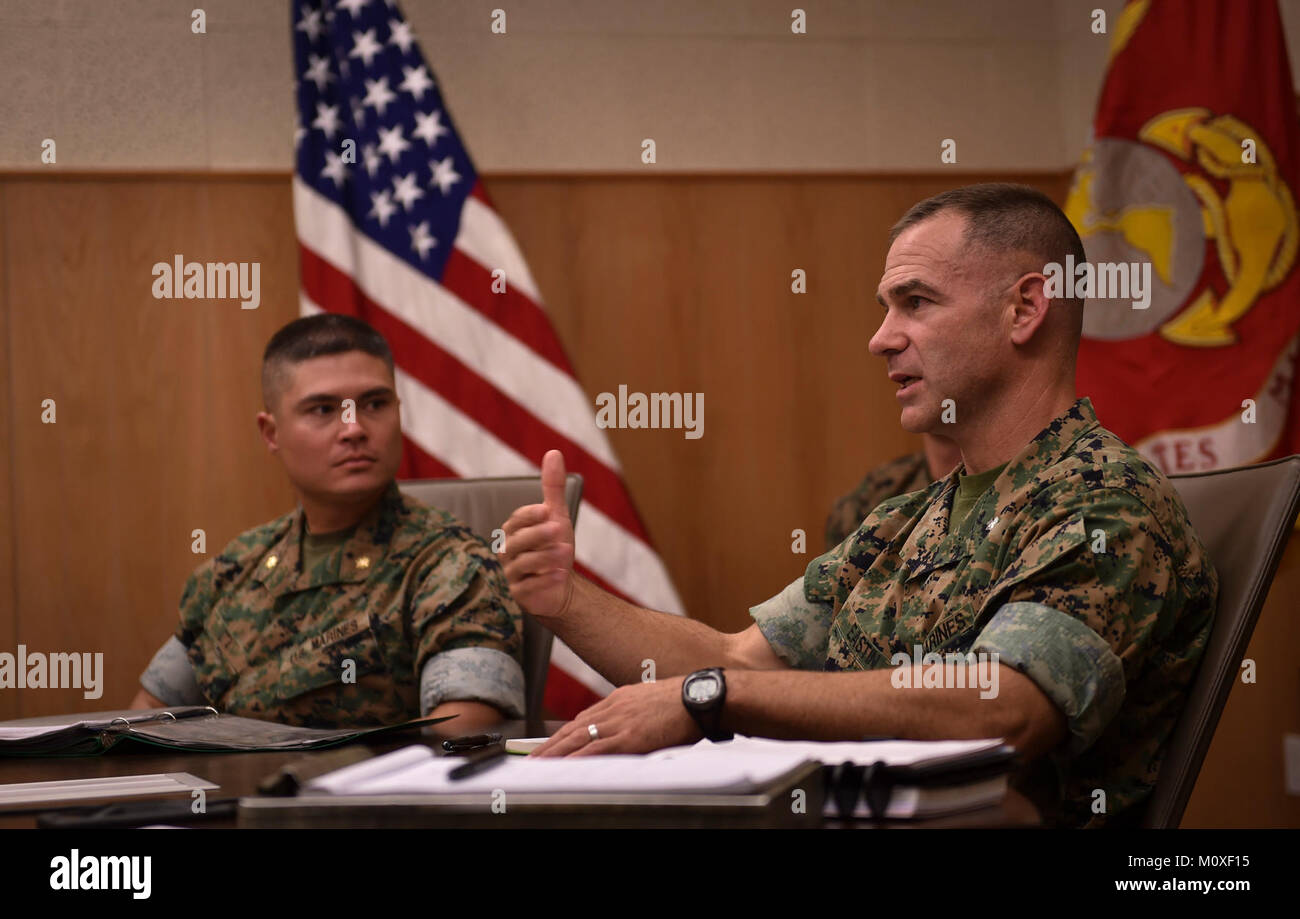 Lt. Col. Steven J. Eastin, commander of 3rd Battalion, 3rd Marines, asks questions during the Reconnaissance Team Leader Course student team briefing, Oct. 30, 2017, at Marine Corps Base Hawaii. Three Special Tactics Airmen graduated from RTLC in November, following two months of rigorous desert, jungle and amphibious training. RTLC is designed to develop junior service members into better team leaders through realistic training. (U.S. Air Force Stock Photo