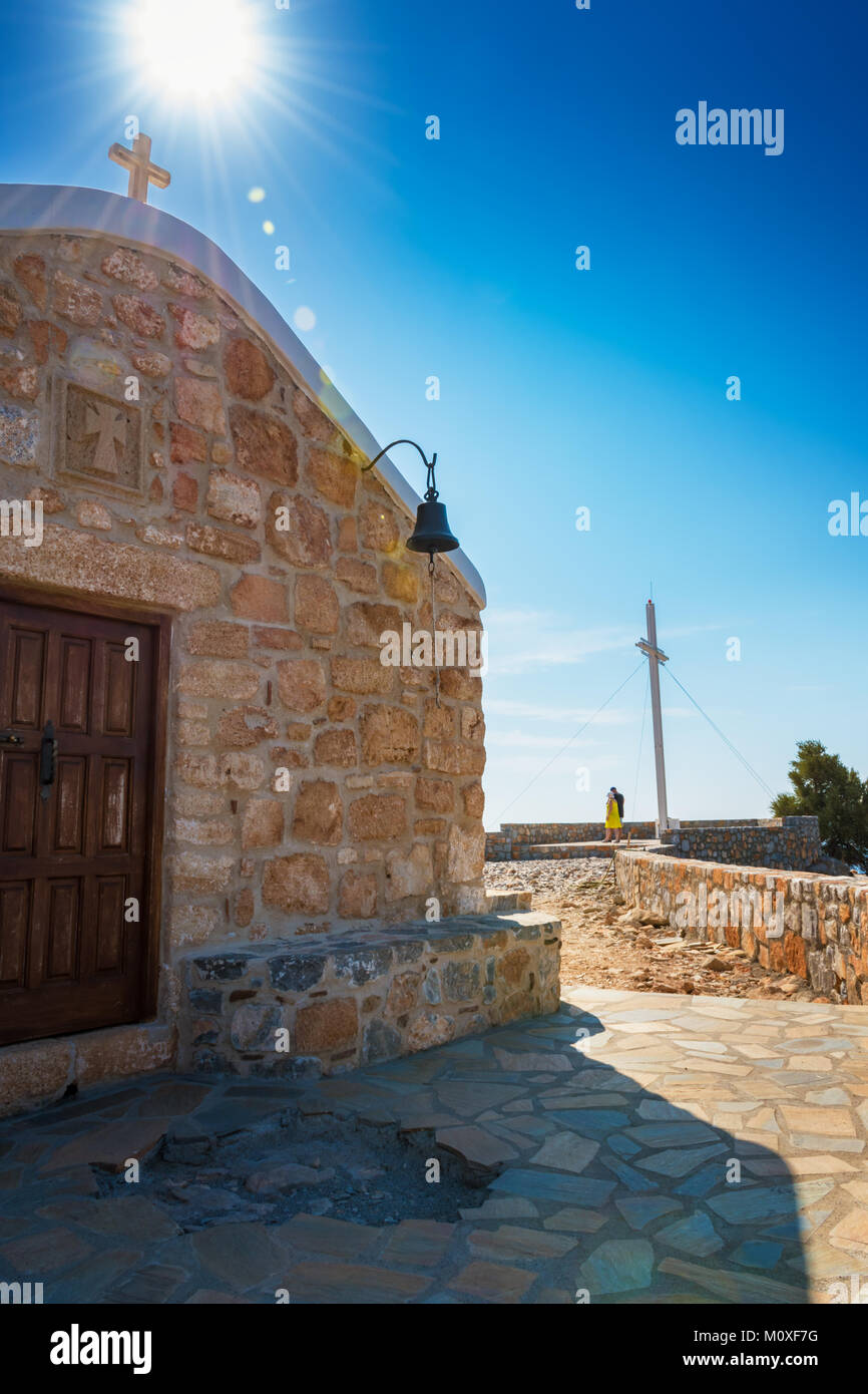 Monastery of Prophet Elias on hilltop near village of Pefkos (Rhodes, Greece) Stock Photo