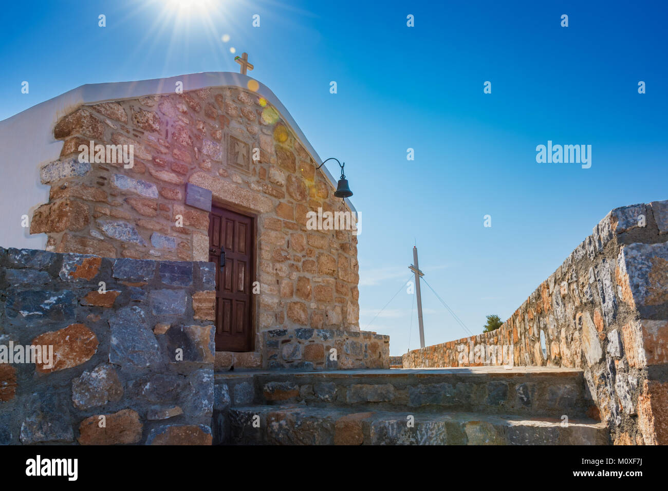 Monastery of Prophet Elias on hilltop near village of Pefkos (Rhodes, Greece) Stock Photo