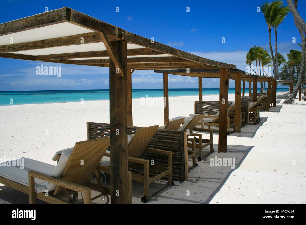 Beach chairs in Cap Cana, Punta Cana Dominican Republic Stock Photo