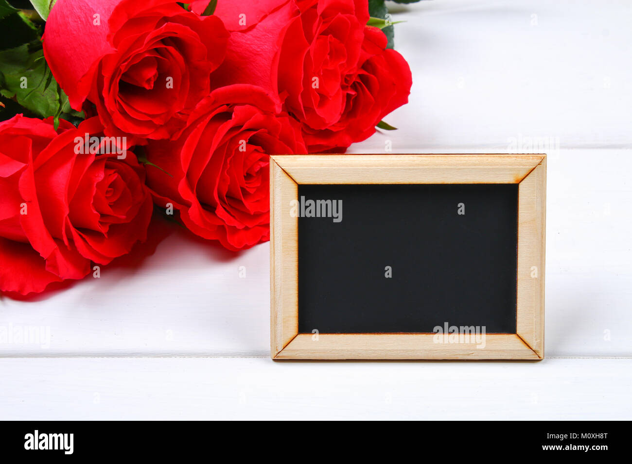 Pink roses with a blank chalkboard for text. Copy space for text ...
