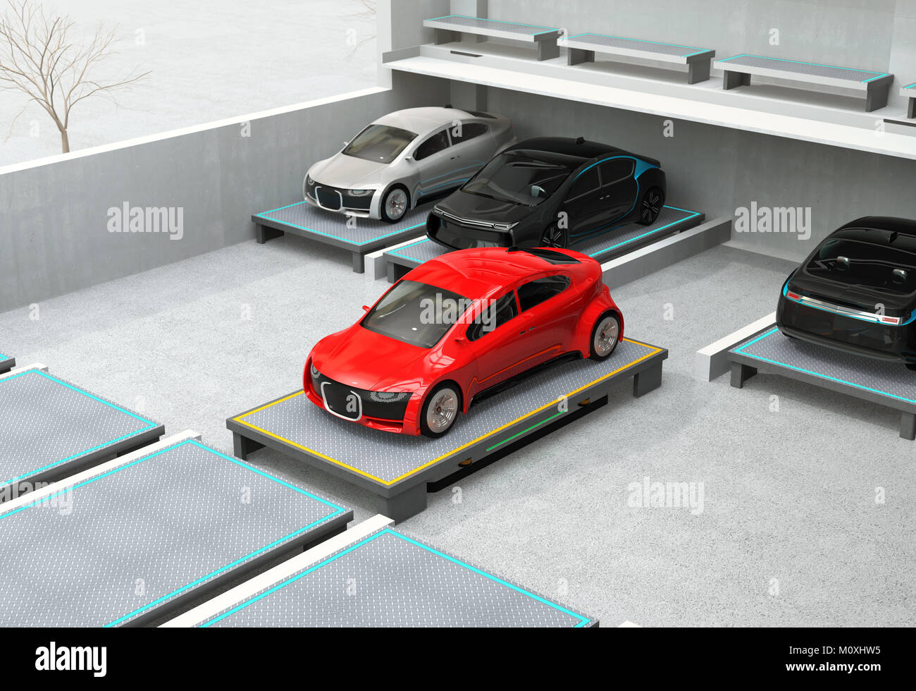 An automated guided vehicle (AGV) carrying a red car to parking space. Concept for automatic car parking system. 3D rendering image. Stock Photo