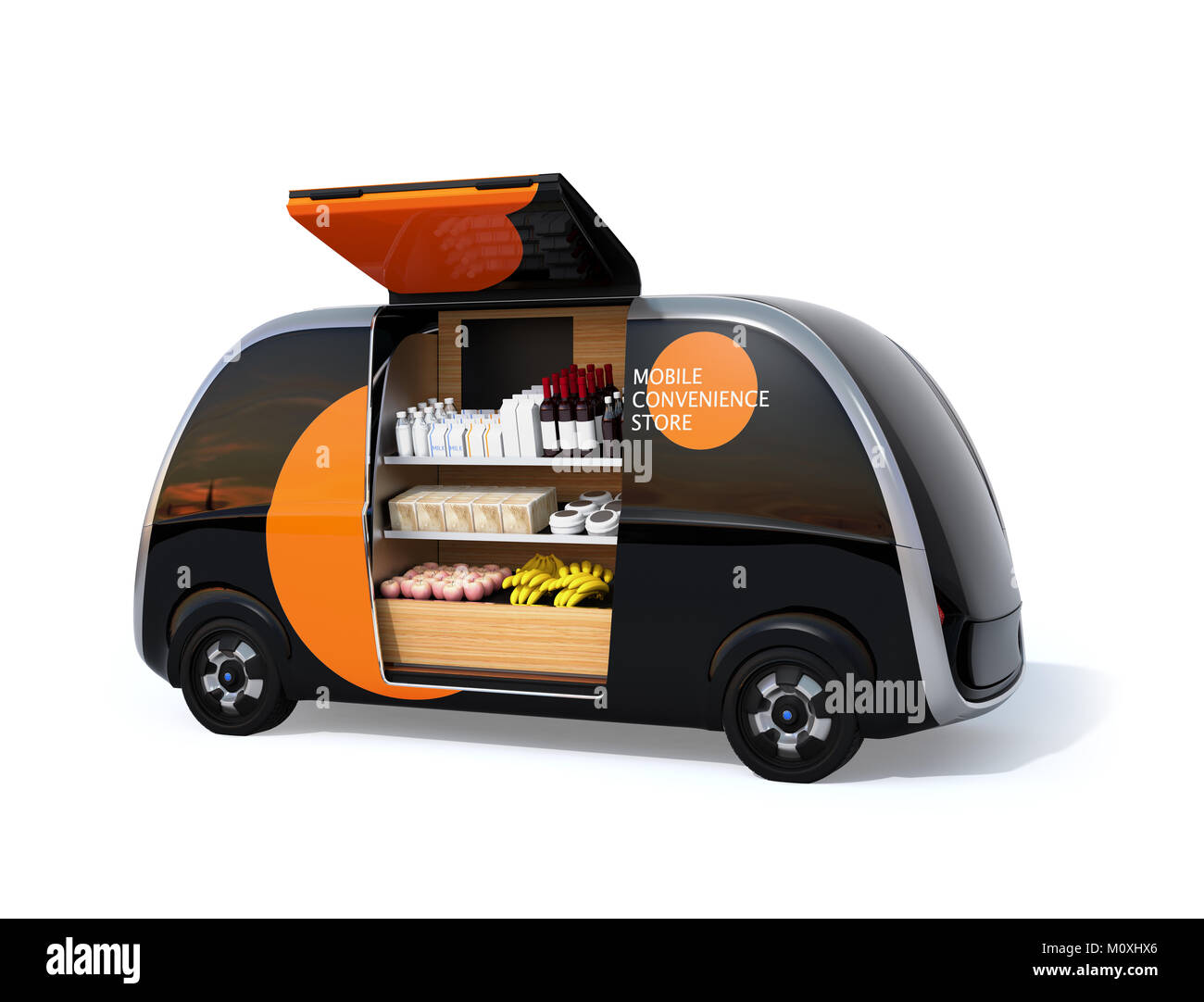 Autonomous vending car with side door opened. The car is equipped with shelf for selling foods, drinks and grocery. Mobile convenience store concept. Stock Photo