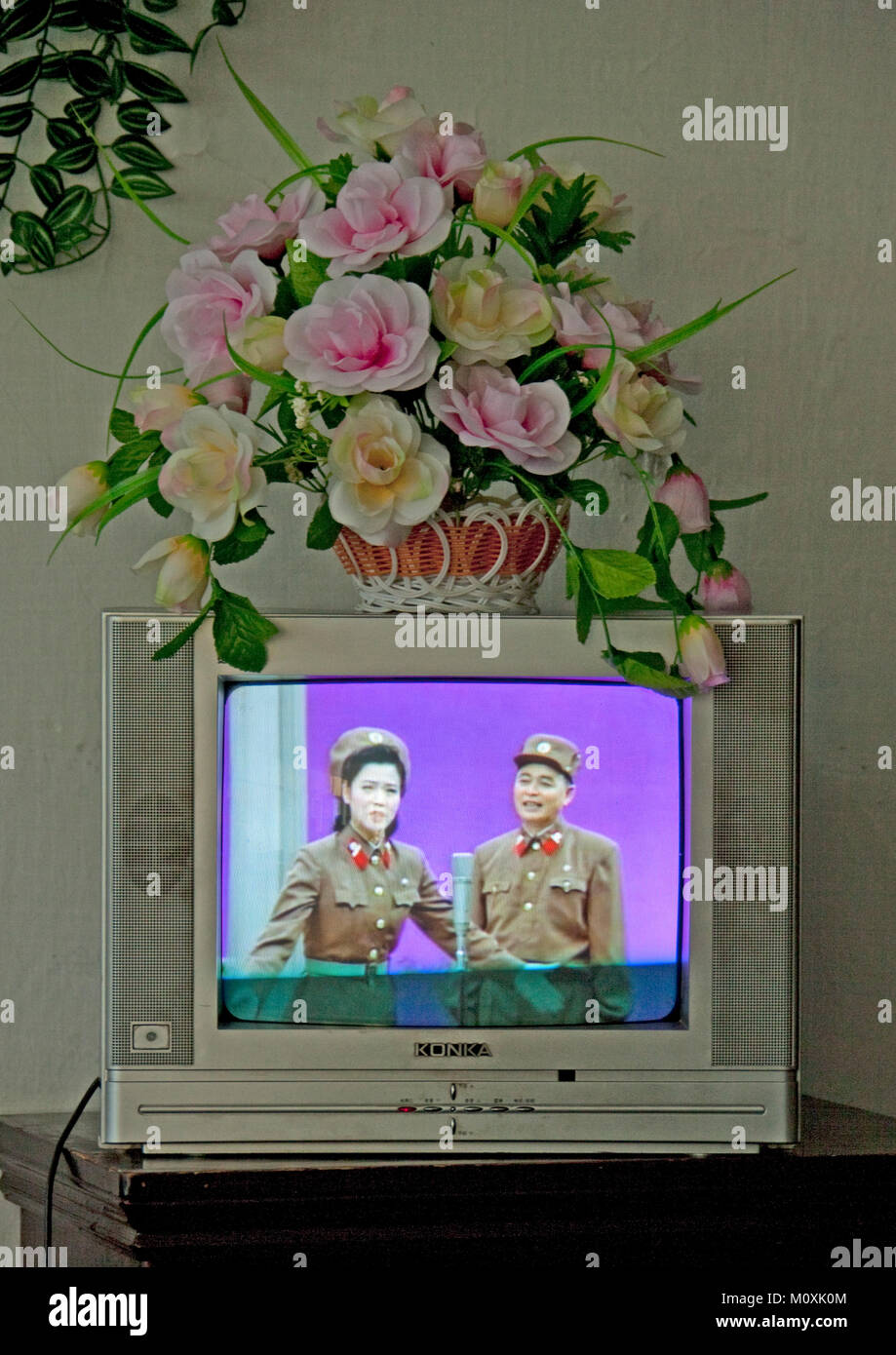 Plastic flowers on a television broadcasting a show with soldiers