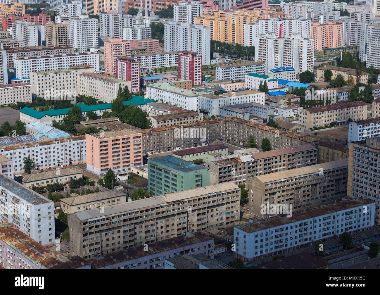 High angle view of buildings in the city center, Pyongan Province, Pyongyang, North Korea Stock Photo