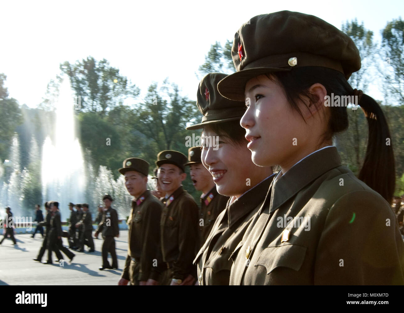 North Korean soldiers in the street, Pyongan Province, Pyongyang, North Korea Stock Photo