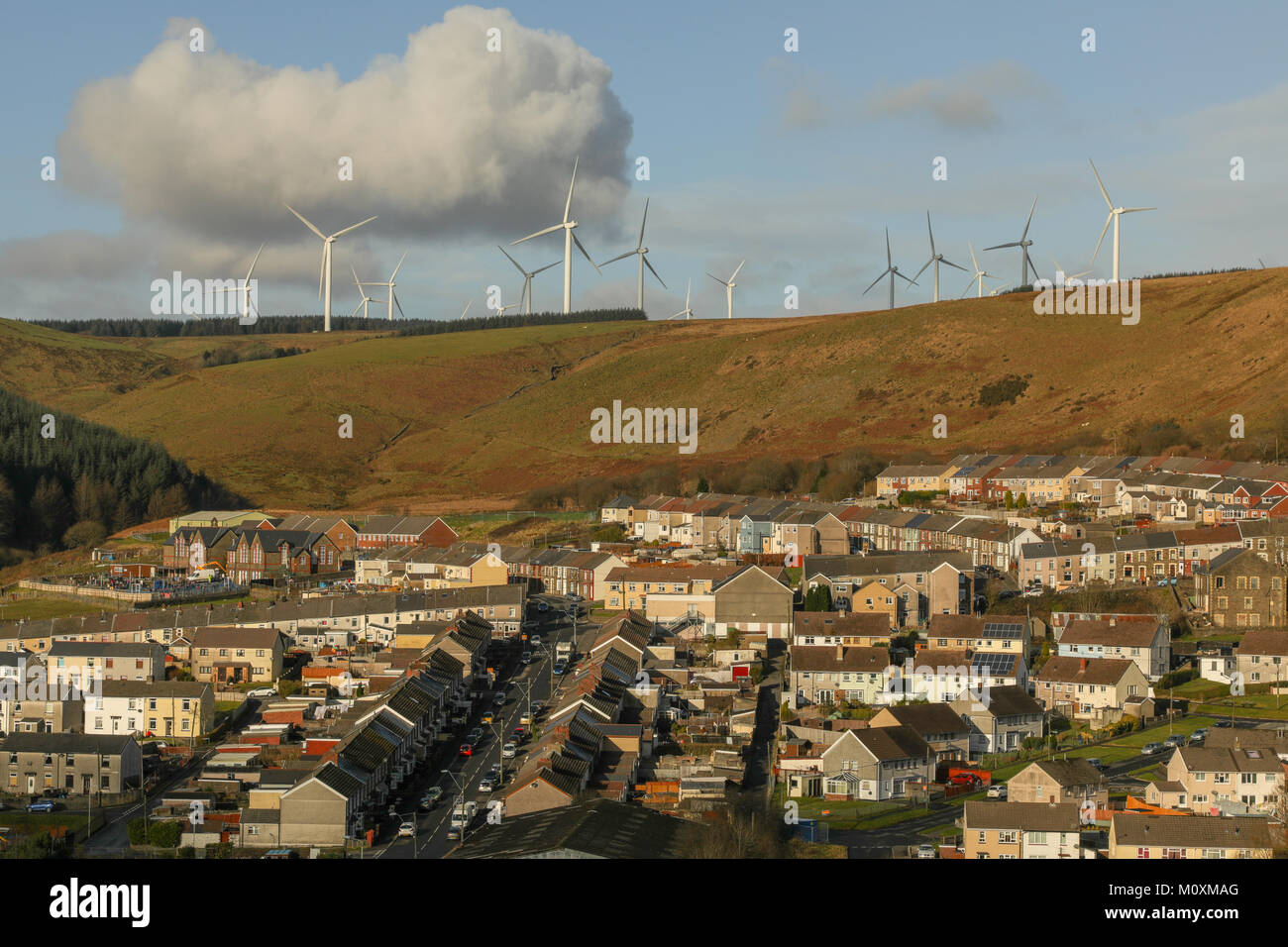 Welsh valleys town, and wind turbines, Gilfach Goch, Wales, UK Stock