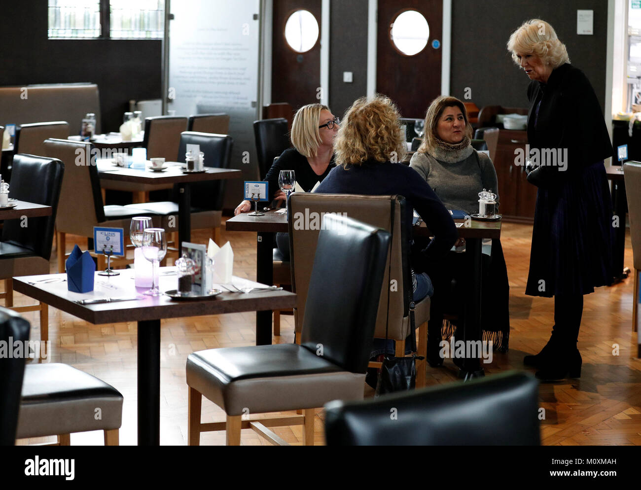 The Duchess of Cornwall (right) speaks to diners during her visit to The Clink restaurant at HMP Styal in Wilmslow, as part of her tour of Cheshire. Stock Photo
