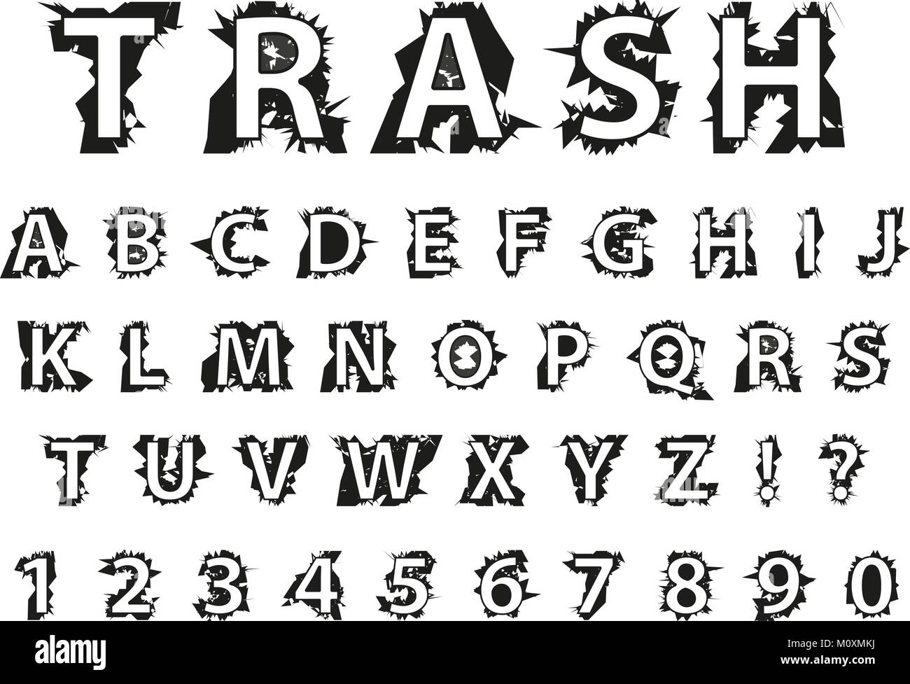 Trash typography dirty font. Lettering typeface garbage grunge style