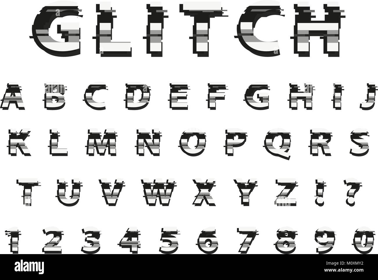 Glitch typography noise font. Lettering typeface distorted style. Trendy alphabet interference Latin letters from A to Z. Isolated on white background. Vector illustration. Stock Vector
