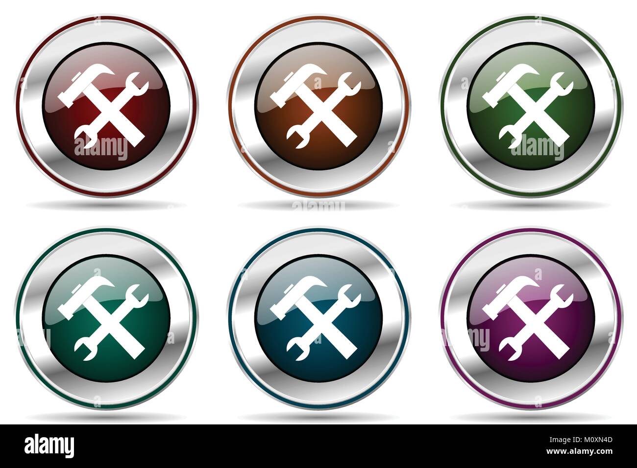 Tool vector icon set. Silver metallic chrome border icons for web ...
