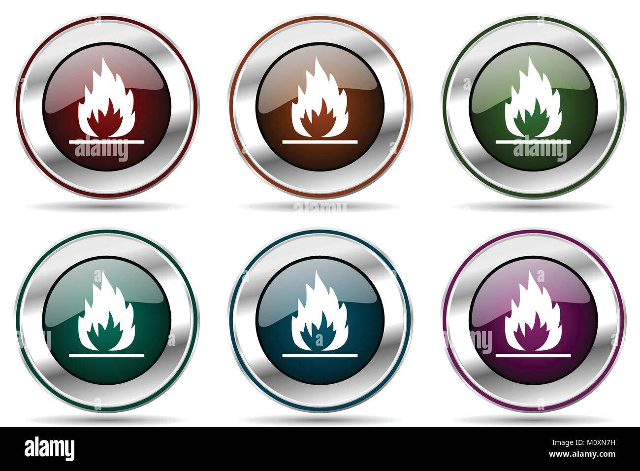 Flame vector icon set. Silver metallic chrome border icons for web ...