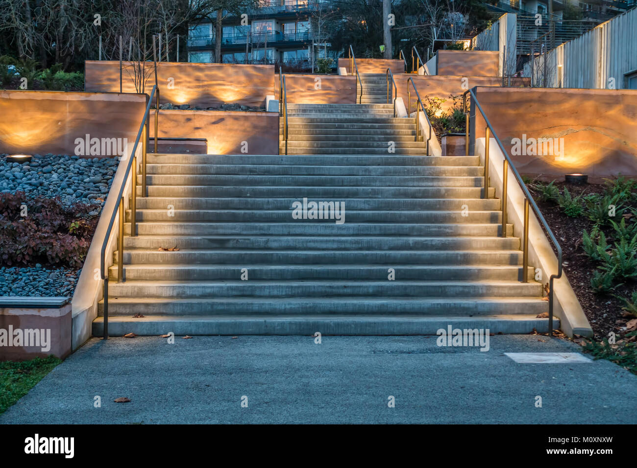 A outdoor stairway in West Seattle is lit by soft lights. Stock Photo