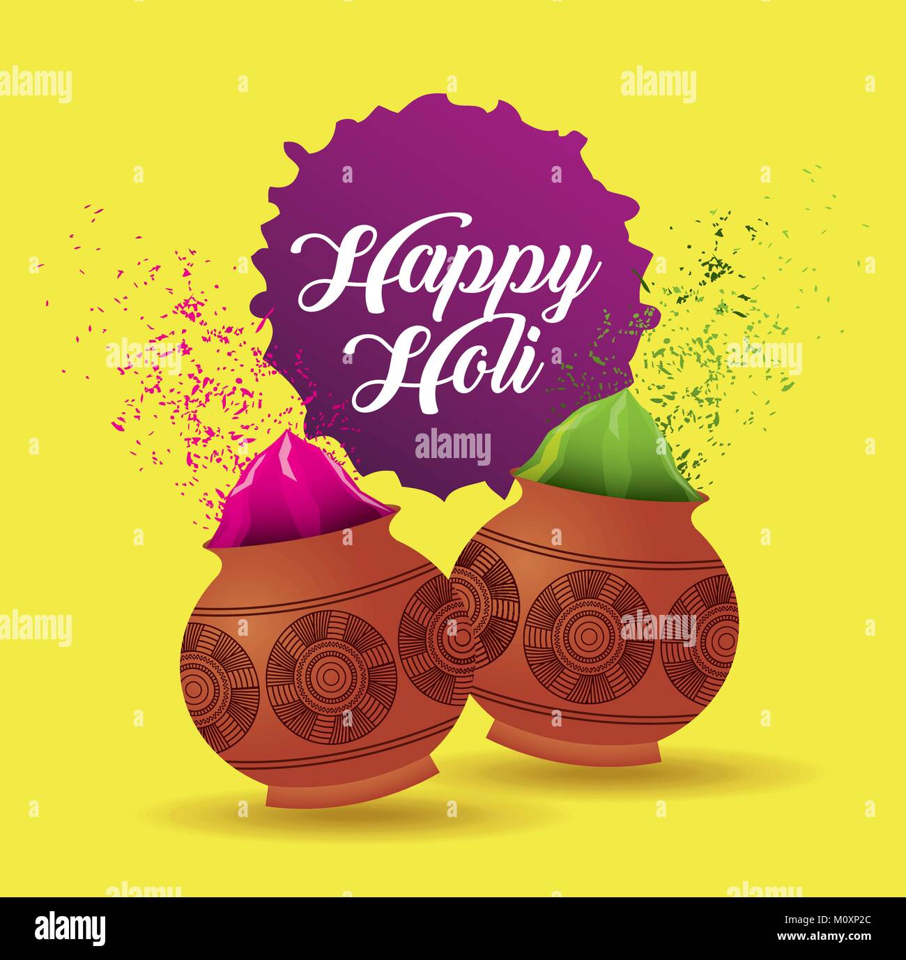 happy holi poster mud pot color filled yellow background Stock Vector Image  & Art - Alamy