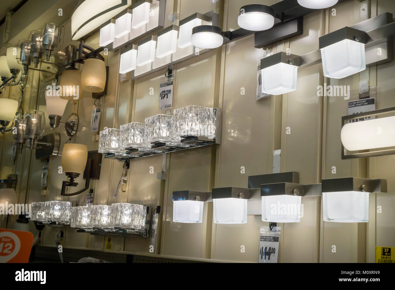 Lighting fixtures on display in a Home Depot store in the Chelsea  neighborhood of New York on Thursday, January 18, 2018. The Leading  Indicator of Remodeling Activity projects that remodeling ones home