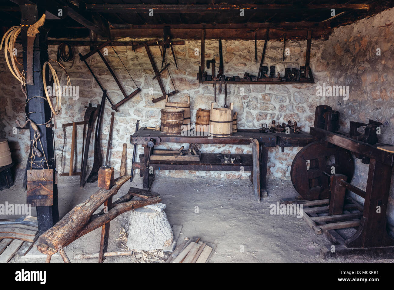Cooper's workshop in Ethnographic heritage park called Old Village Museum in Sirogojno village, Zlatibor region in western part of Serbia Stock Photo