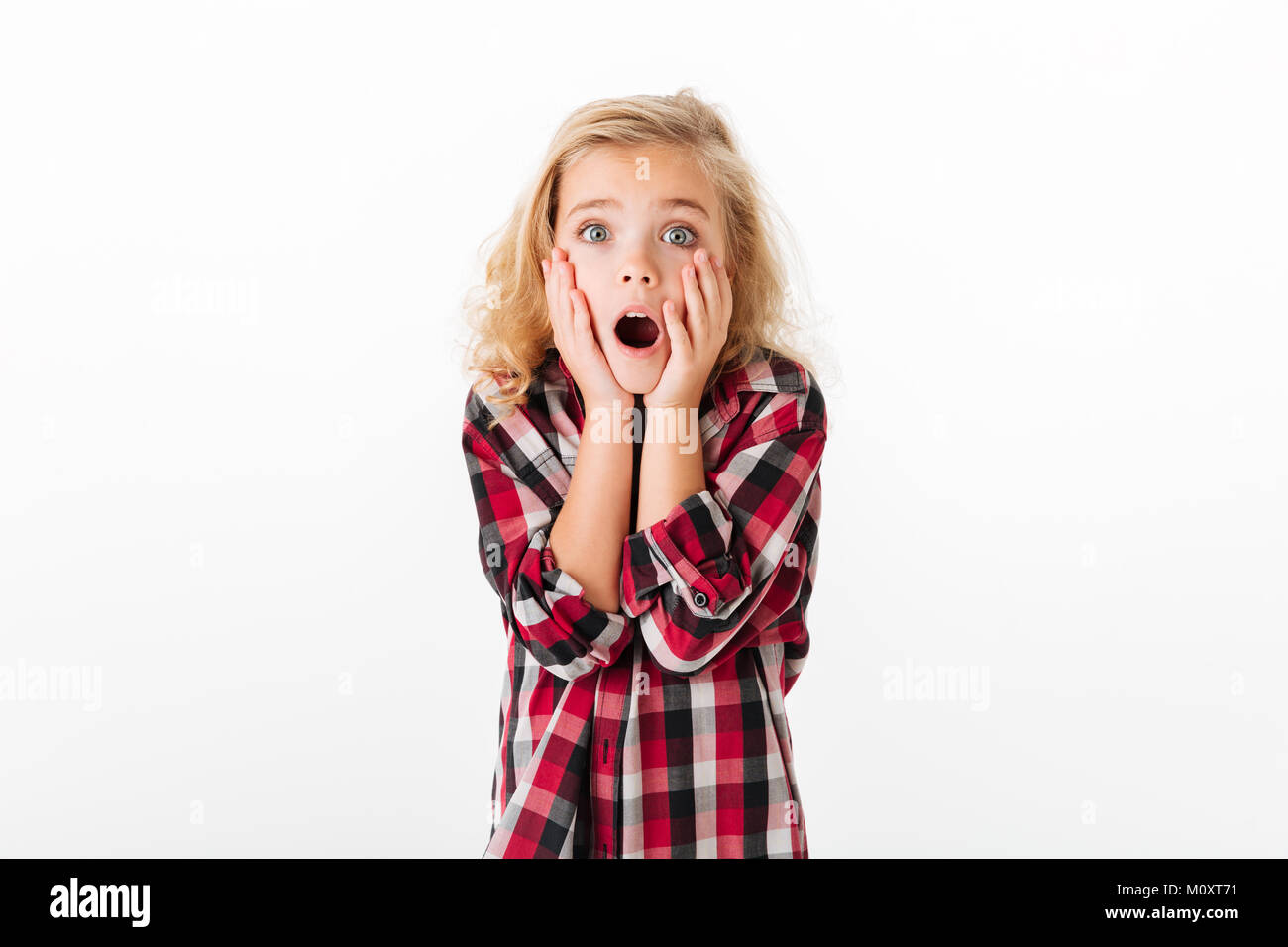 Portrait of a shocked little girl holding hands at her face and looking ...