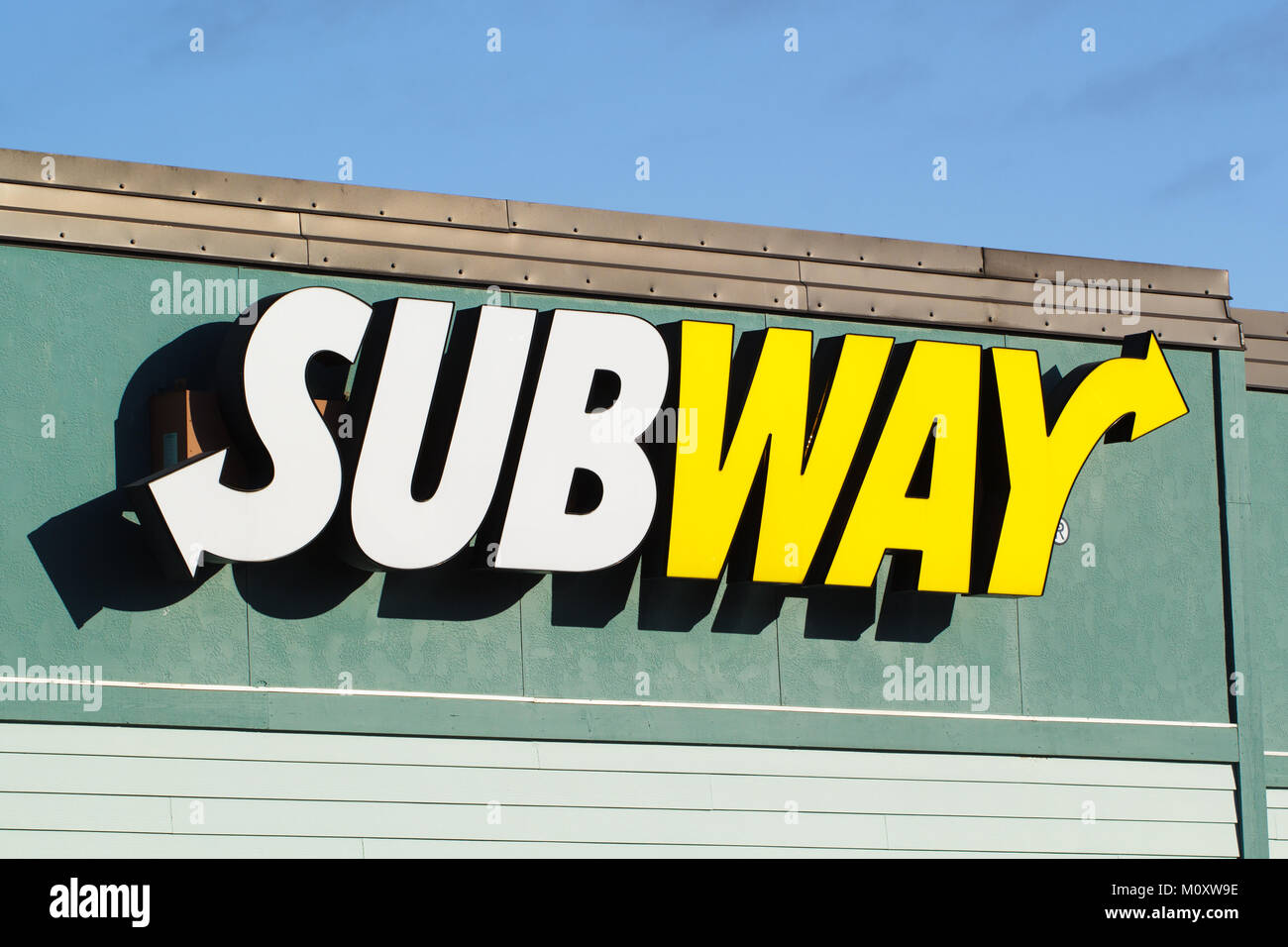 TRURO, CANADA - NOVEMBER 24, 2017: Subway restaurant sign. Subway is an American fast food franchise offering sub sandwiches and salads. Stock Photo