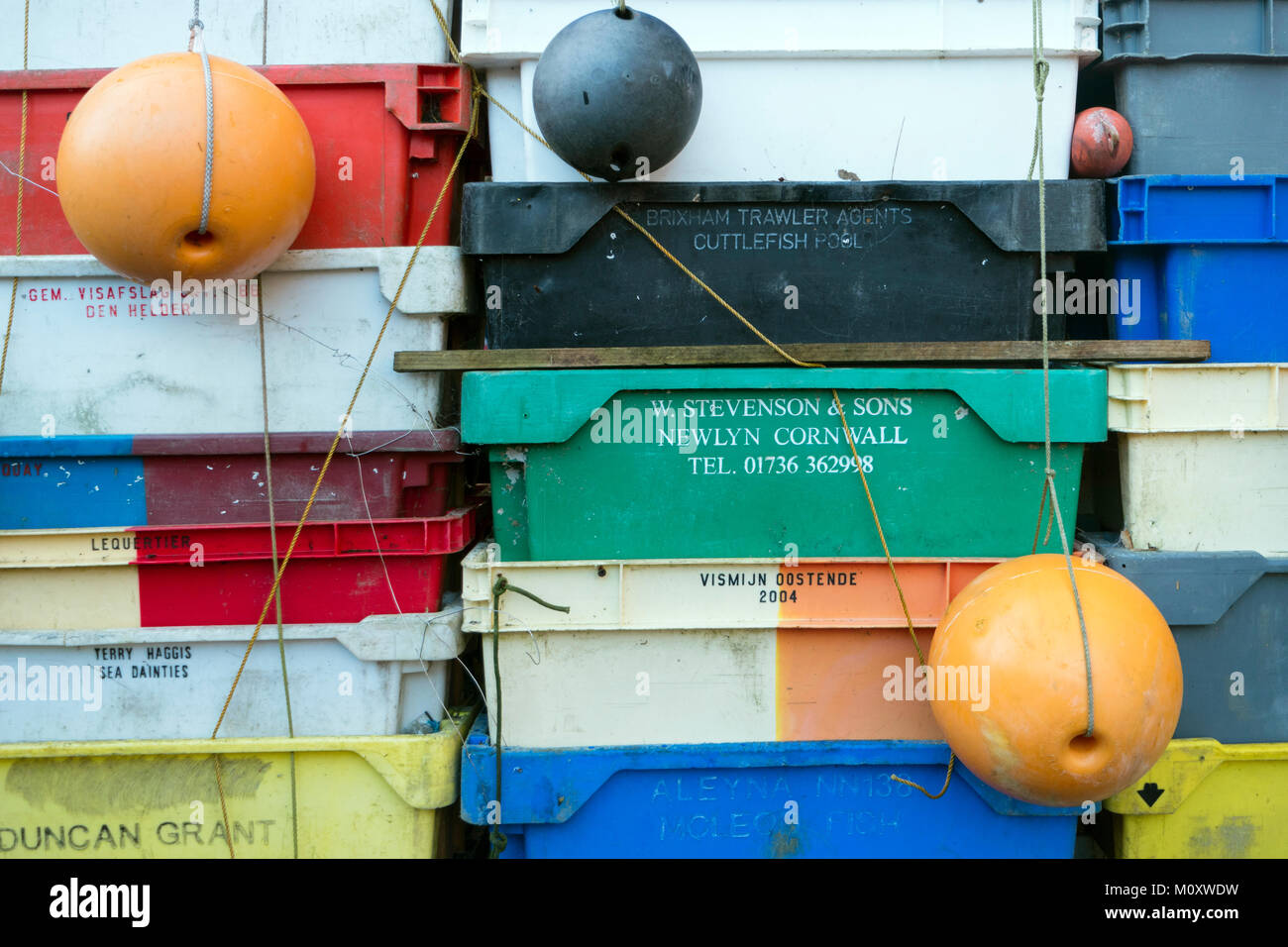 AMRUM, GERMANY - JANUARY 02, 2018: Fishing crates, buoys and other maritime objects in front of the old bar Blaue Maus on the North Frisian island Amr Stock Photo