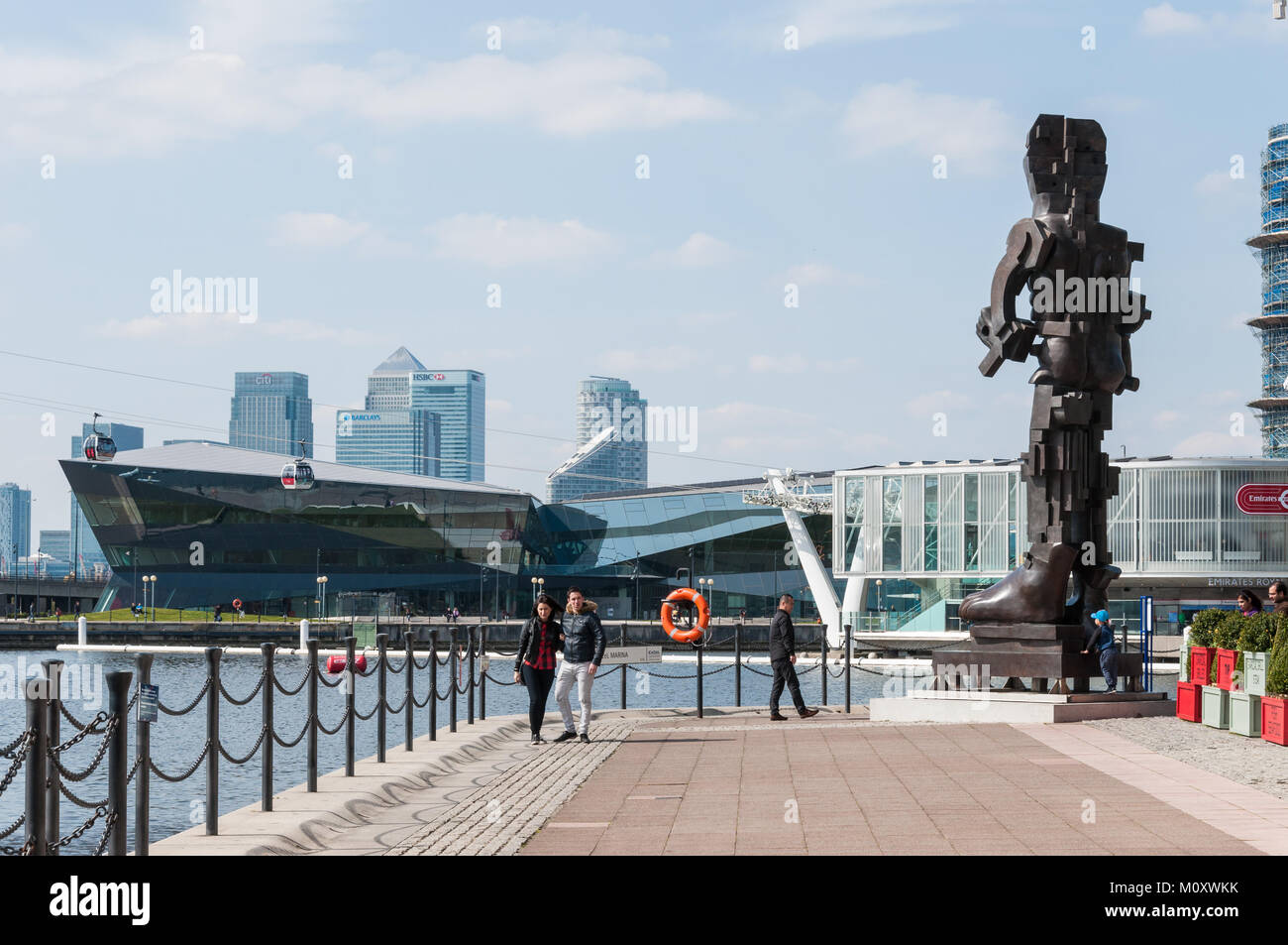 Eduardo Paolozzzi's sculpture 'The Vulcan' standing on the quayside at the Royal Victoria Dock in East London, England. Stock Photo