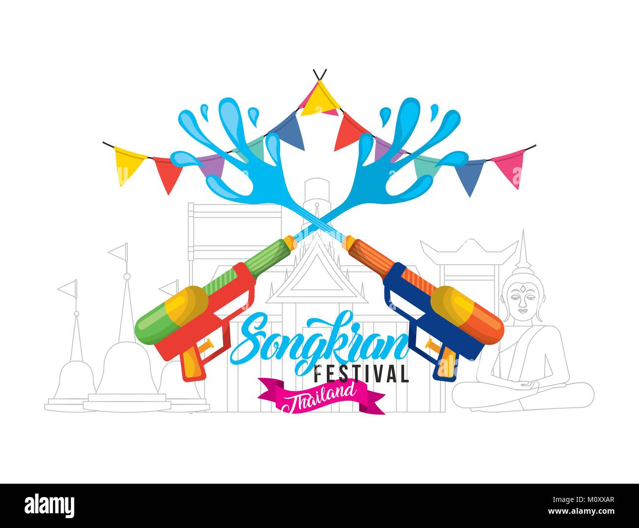 songkran water festival with guns garland poster Stock Vector