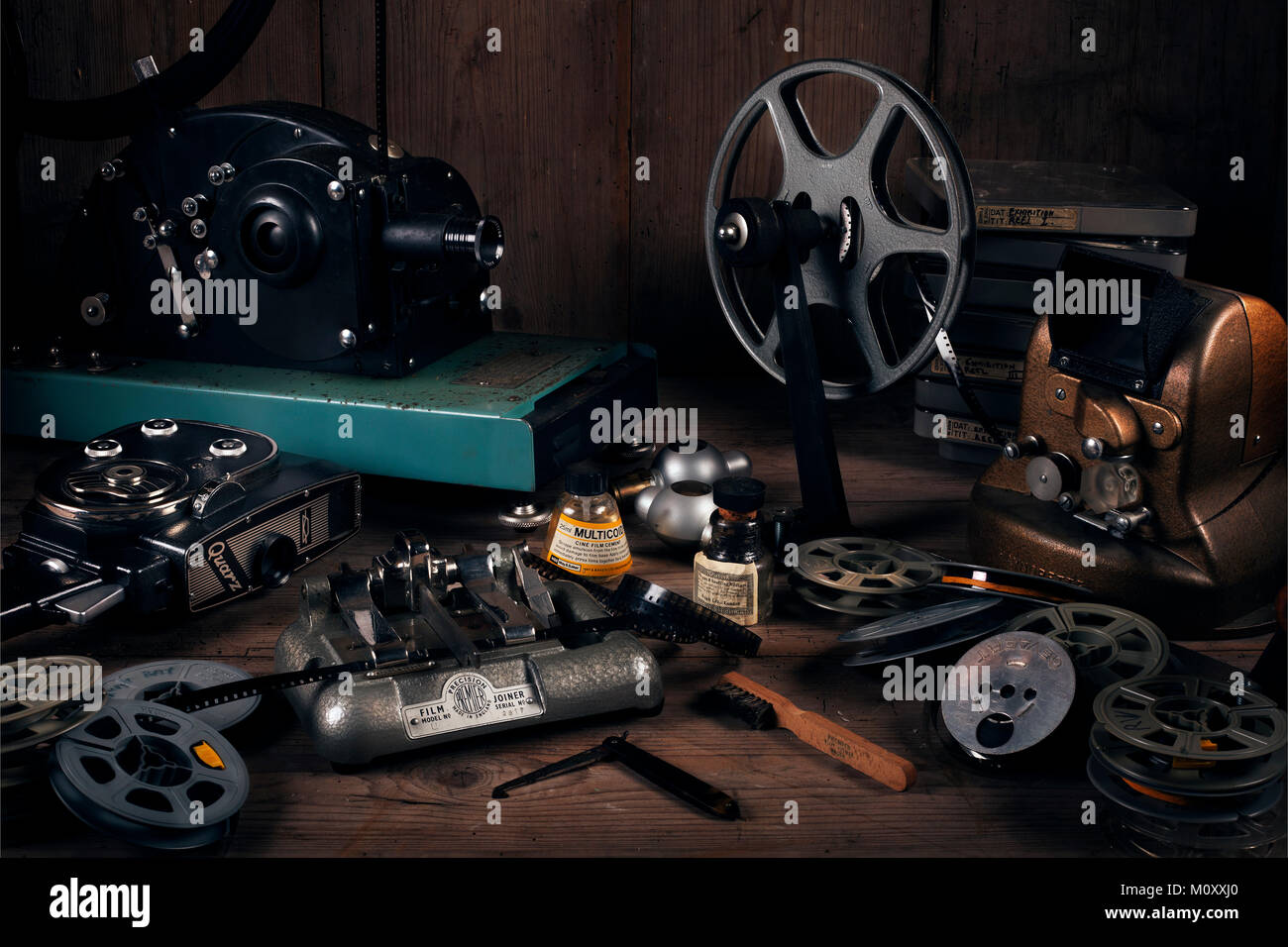 Still life Cine film equipment. Home cinema equipment from 1930s to 1950s. Stock Photo