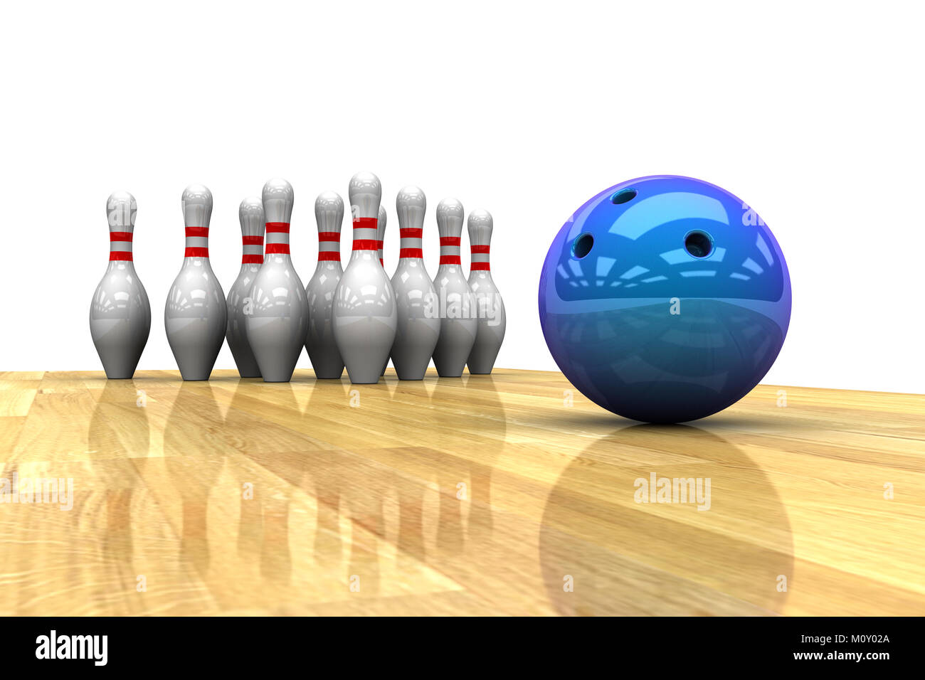 metallic blue bowling ball approaching a group of bowling pins, on a